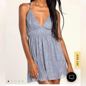 Lulus Blue Metallic V-Neck Skater Dress
